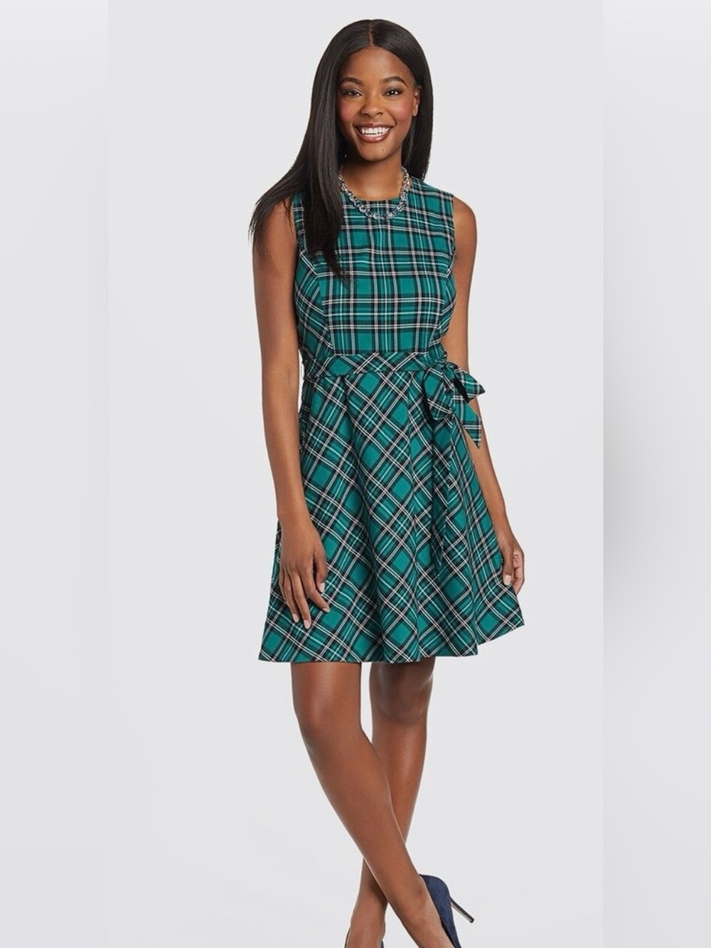 Draper James Teal Plaid Sleeveless Belted Dress